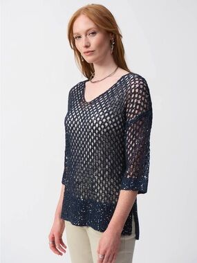 Joseph Ribkoff Navy Open-Weave V-Neck Sweater